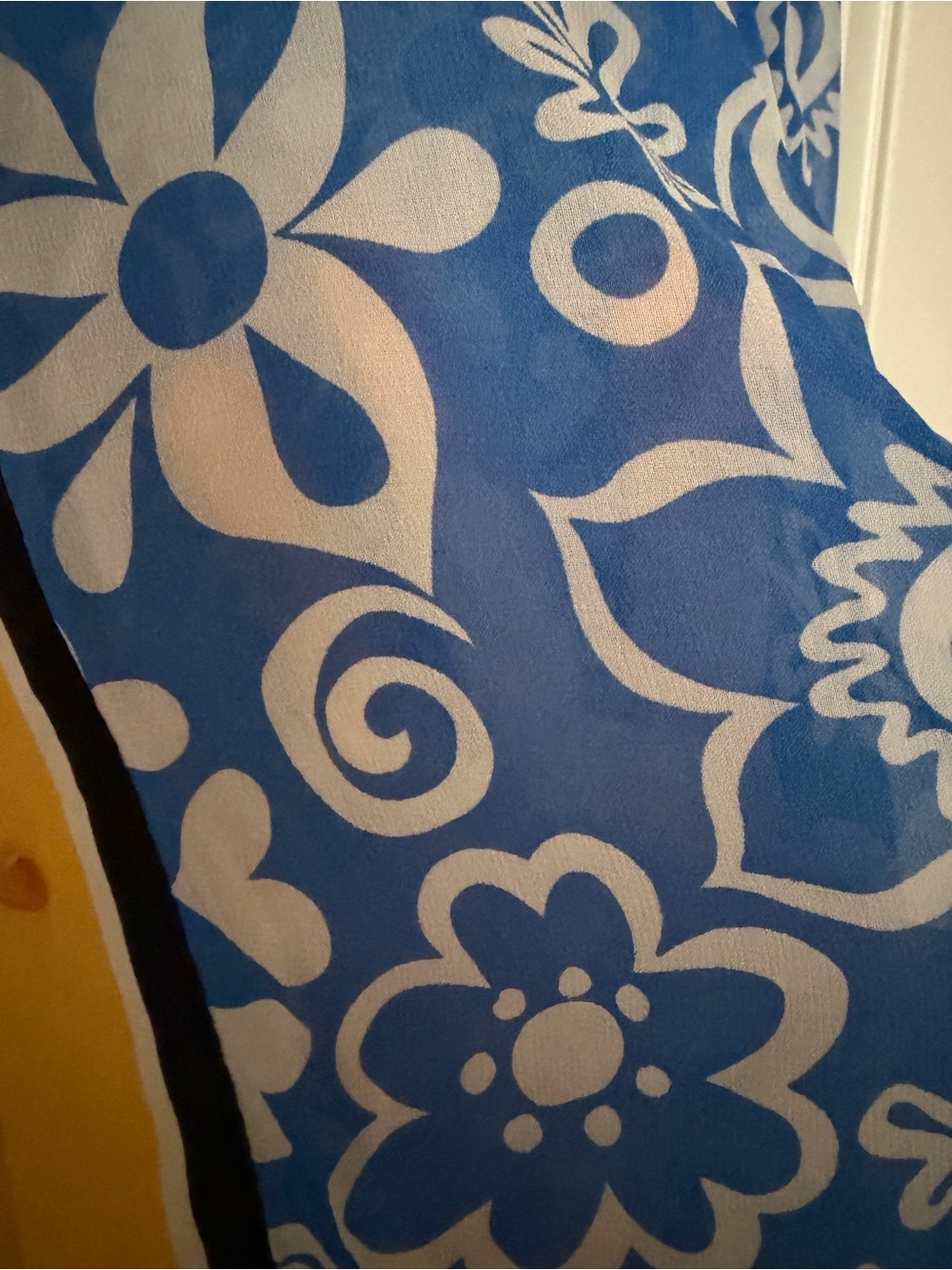 Bob Mackie Wearable Art Blue Floral Semi Sheer Button Front Top with Yellow Trim - Picture 5 of 5